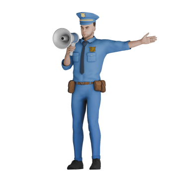 Professional Male in 3D - Cartoon Cop. A male police officer is using a megaphone to give instructions or announcements. Police png