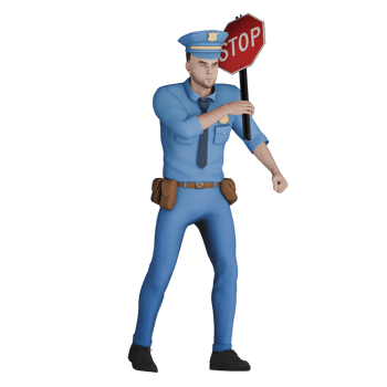 3D Law Cartoon Cop Male. A male police officer is holding a STOP sign with his right hand He looks ready. Professional png