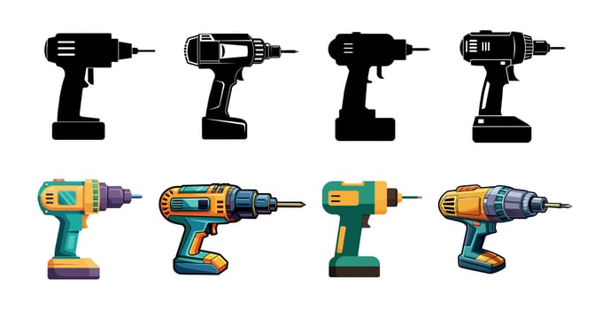 Set of electric hand drills in various styles. Colorful illustrations and black silhouettes. Concept of power tools, construction equipment, tools, industrial design. Print, icon, design elements vector
