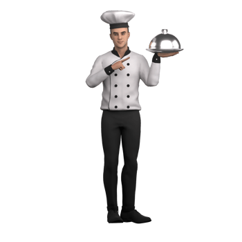 of Male Chef. A male chef is standing carrying a plate with a cloche lid in his left hand and the index finger of his right hand is pointing at the plate with the cloche lid. Cooking Pro png