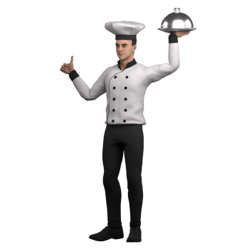 3D Male Chef Character. A male chef is standing carrying a plate with a cloche lid in his left hand and raising his right hand with his thumb pointing up. Culinary Cartoon png