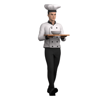 Culinary Expert 3D. A male chef is walking carrying a tray and bowl with both hands. Chef Cartoon png