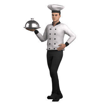 3D Cartoon Chef. A male chef is standing carrying a plate with a cloche lid in his right hand while his left hand is on his waist. Gourmet Professional png