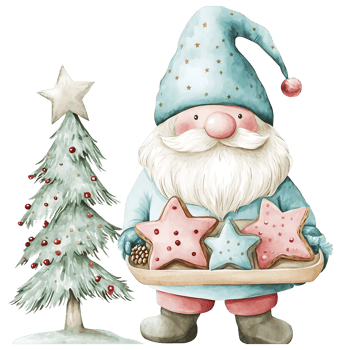 Cute Gnome Santa showing ginger bread cookies wtih pine tree decroation, watercolor png