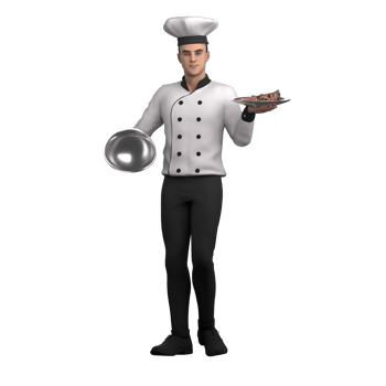 Culinary Provider 3D. A male chef is standing with his left hand carrying a plate containing a dish while his right hand is holding a cloche. Male Chef Cartoon png