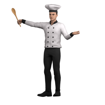 Professional Chef 3D Art. A male chef is standing with one hand holding a wooden spoon, while the other hand is open as if welcoming a guest. Male Character png