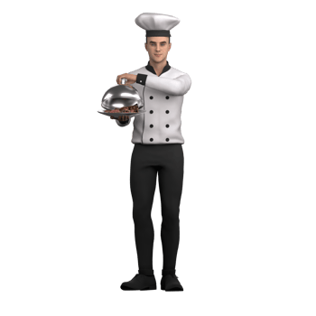 3D Animated Chef5. A male chef stands holding a plate of food in his hand and holding a cloche lid in his left hand preparing to open the cloche lid. Male Kitchen Wizard png