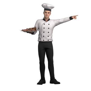 3D Cartoon Kitchen Chef. A male chef stands carrying a steak on a plate with his right hand and his left hand pointing to the left. Cooking Expertise png
