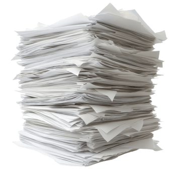 Messy papers on a table in daylight, cut out transparent png
