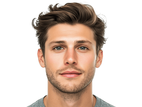 Tousled-haired young man looks at camera, cut out transparent png