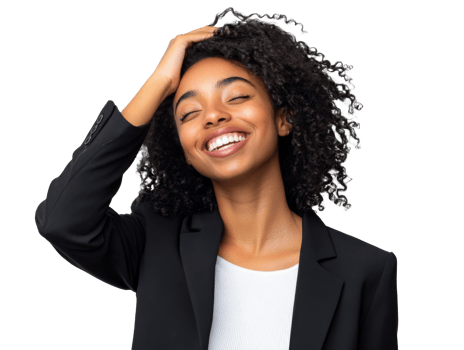 Smiling young woman in a blazer with curly hair, cut out transparent png