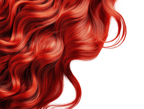 Vibrant red wavy hair viewed from above, cut out transparent png