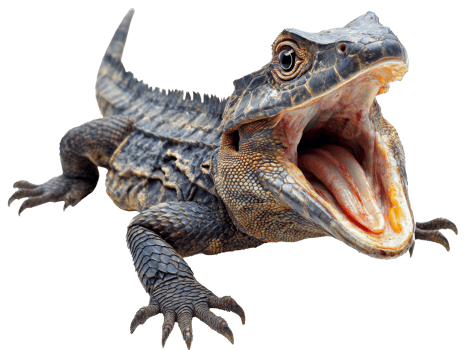 Large reptile with open mouth in natural habitat, cut out transparent png