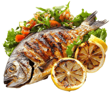 Grilled fish with salad and lemon, cut out transparent png