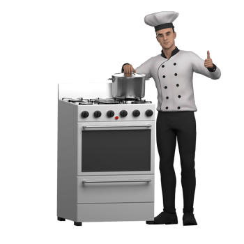 Animated Professional Chef. A male chef stands to the left of a freestanding cooker while his right hand stirs the contents of a cauldron while his left thumb is raised. 3D Male png