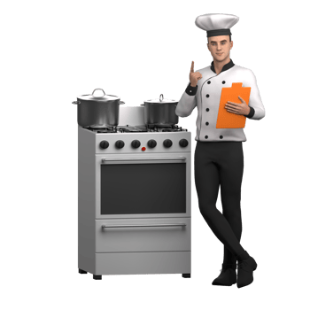 3D Culinary Practitioner. A male chef stands to the left of a freestanding cooker with his legs slightly folded while his left hand holds a menu book and his right hand extends upwards. Male Chef png