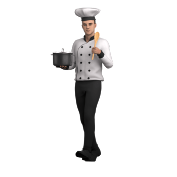 Male Chef Culinary Professional. A male chef stands facing forward with his arms crossed while his right hand carries a pan while his left hand holds a wooden spoon. 3D Cartoon png