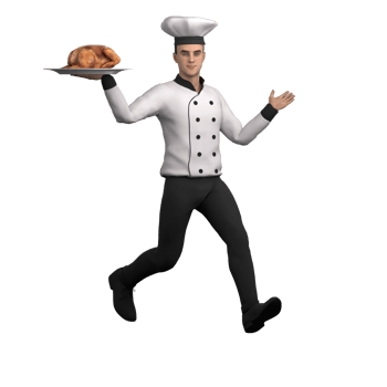Cartoon Style Gourmet Chef. A male chef runs to the left while his left hand carries a chicken dish, while his right hand is slightly raised waving. 3D Male png