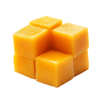 Freshly cut mango cubes arranged for a snack, cut out transparent png