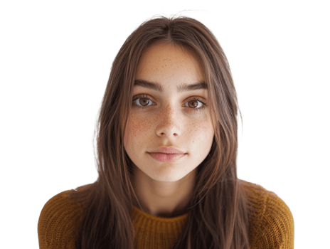 Young woman with long brown hair in warm sweater, cut out transparent png