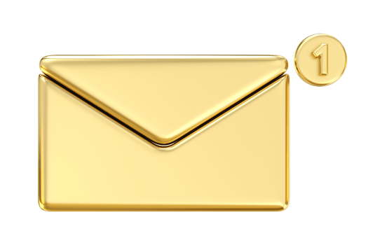 Golden Email Notification, A shiny gold envelope icon with a glowing 1 notification, symbolizing an important message. Perfect for marketing, communication, 3d rendering png