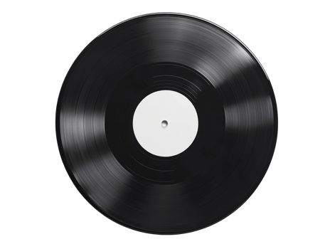 Black vinyl record on white surface, cut out transparent png
