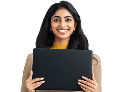 Young woman smiles while holding a laptop indoors, cut out transparent png