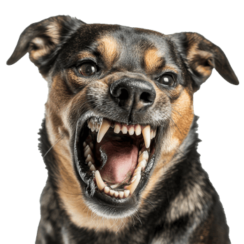 Aggressive dog displaying sharp teeth indoors, cut out transparent png