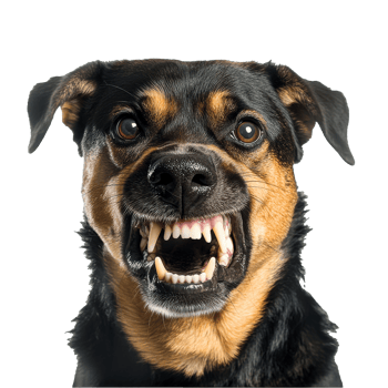 Dog showing teeth on white background, cut out transparent png