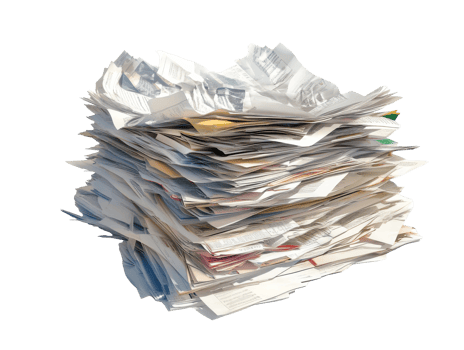 Messy stack of papers on a table, cut out transparent png