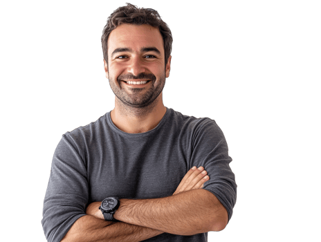 Smiling man in casual attire with crossed arms, cut out transparent png