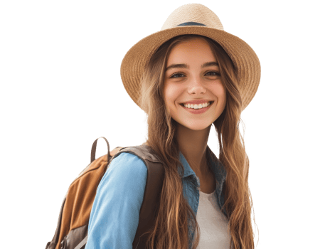 Smiling traveler with backpack on a sunny day, cut out transparent png
