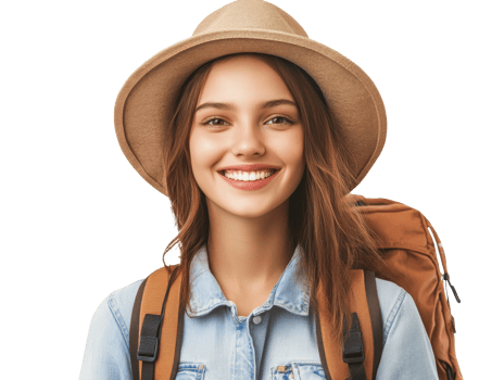 Smiling woman outdoors with a backpack, cut out transparent png