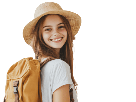 Young traveler smiling with a backpack and hat, cut out transparent png