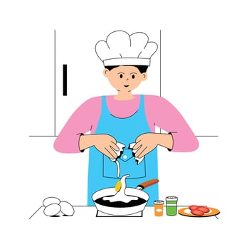A chef expertly fries eggs in a pan, egg frying flat illustration vector