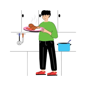 A person proudly serves a freshly cooked meal on a plate vector