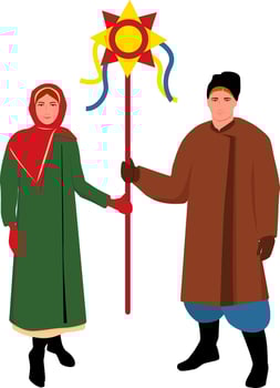 Young Ukrainian man and woman in ethnic winter clothes. Christmas Star. Ukrainian traditional Christmas eve carols. Ukrainian Vertep. vector