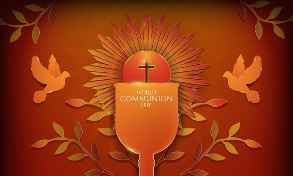 Aesthetic Red and Gold Metal Design World Communion Day Greeting Banner, celebrated on October. Religious icon and symbols, flying holy spirit dove, communion bread and cup of wine. vector