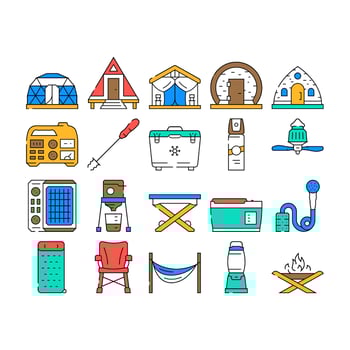 glamping tent nature luxury tipi icons set vector