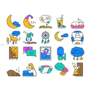 sleep bed pillow dream night icons set vector