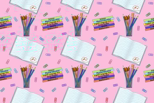 Colorful seamless pattern featuring school supplies, textbooks, and notebooks. Perfect for back-to-school themed designs. vector