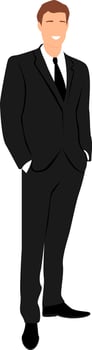 Dark haired smiling man wearing in business suit standing with his hands in his pants pockets. vector