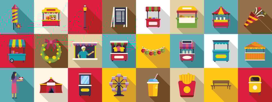 Night fair icons set. Street food festival icons showing street food, funfair, and festive products being sold vector
