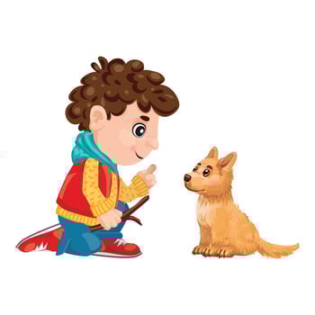 Boy holding stick training cute puppy dog sitting obey command vector