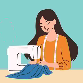 Flat illustration. Cute woman seamstress sewing clothes on sewing machine vector