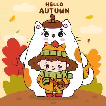 Autumn girl with fall cat cute kitten cartoon vector