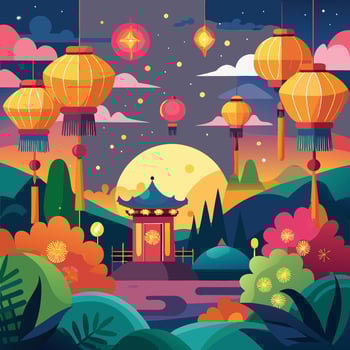 yi peng festival background with colorful lanterns and serene landscape illustration vector