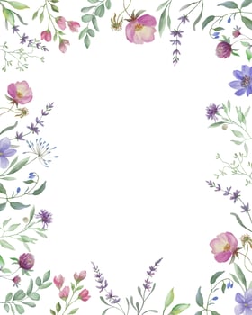 Watercolor floral frame with clover, lavender, eucalypt. Hand drawn illustration. vector