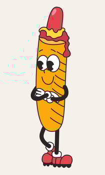 Groovy retro hot dog character, mascot. Junk food. cartoon isolated illustration vector