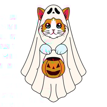 Cute Cat in Ghost Costume with Pumpkin Trick-or-Treat Bucket for Halloween vector